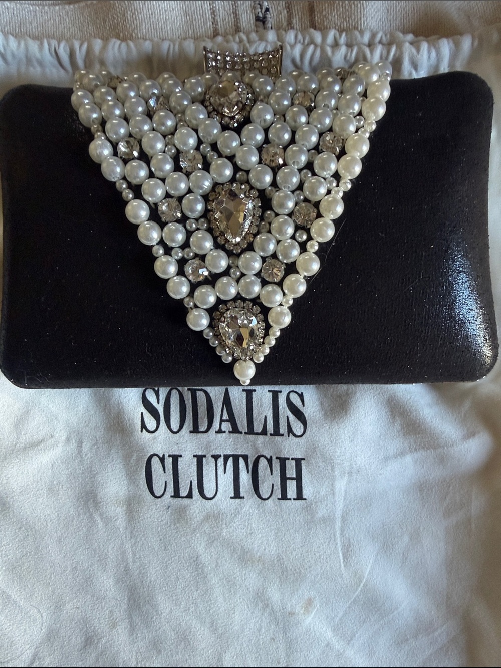 Soda Black Clutch with Pearl & Crystal Triangle Accent